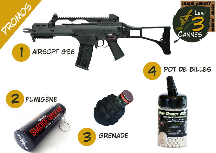 Promo Pack Airsoft G36, grenade, fumigène, bille - PROMO, Coupon, Deal,  Discount - LES 3 CANNES - Les Trois Cannes